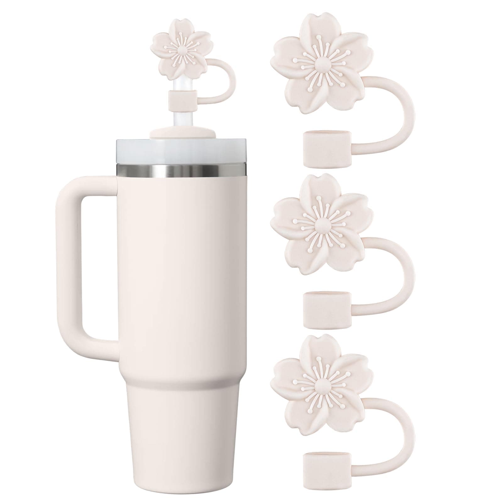 Straw Cover Cap for Stanley Cup, 3Pcs Flower Silicone Toppers Accessories Compatible with Stanley Cup 30&40 Oz Tumbler, Straw Tips Lids for Home and Party Decor (Beige)