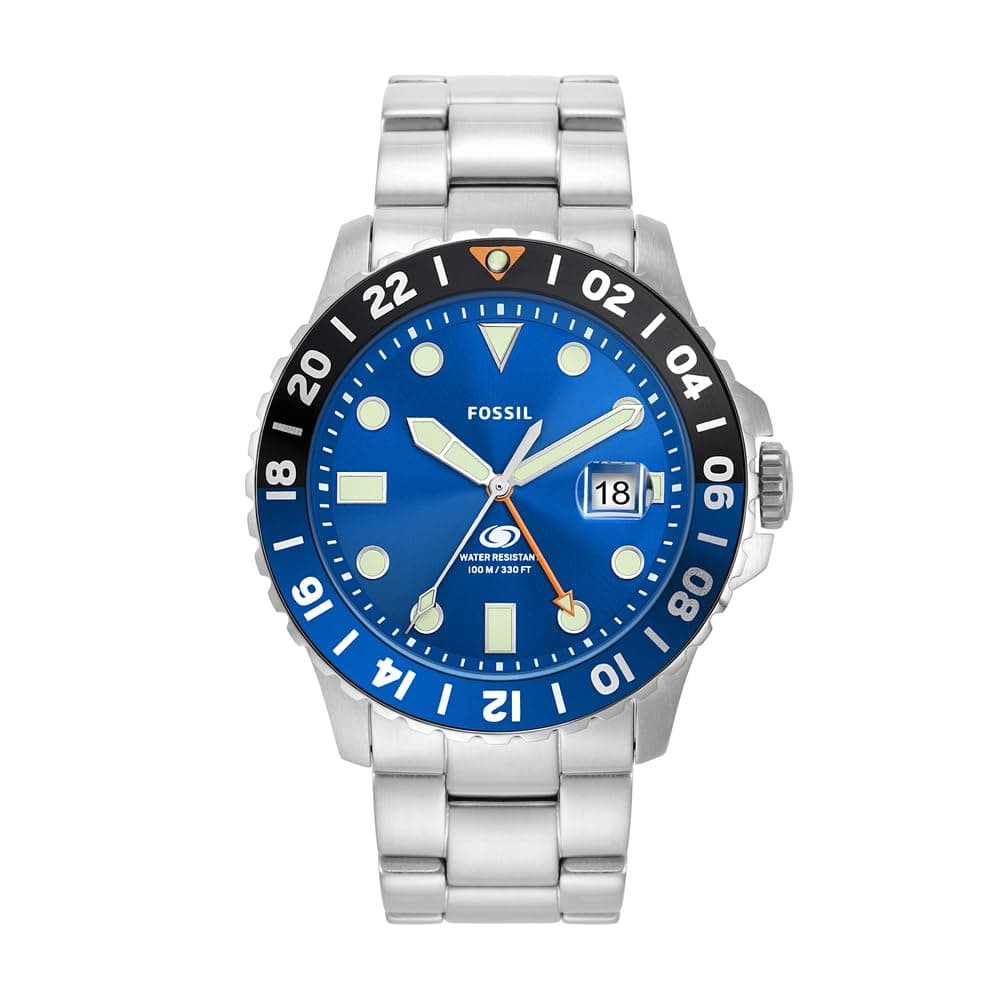 Fossil Blue GMT Watch for Men, Three Hand Date Movement with Stainless Steel or Silicon Strap