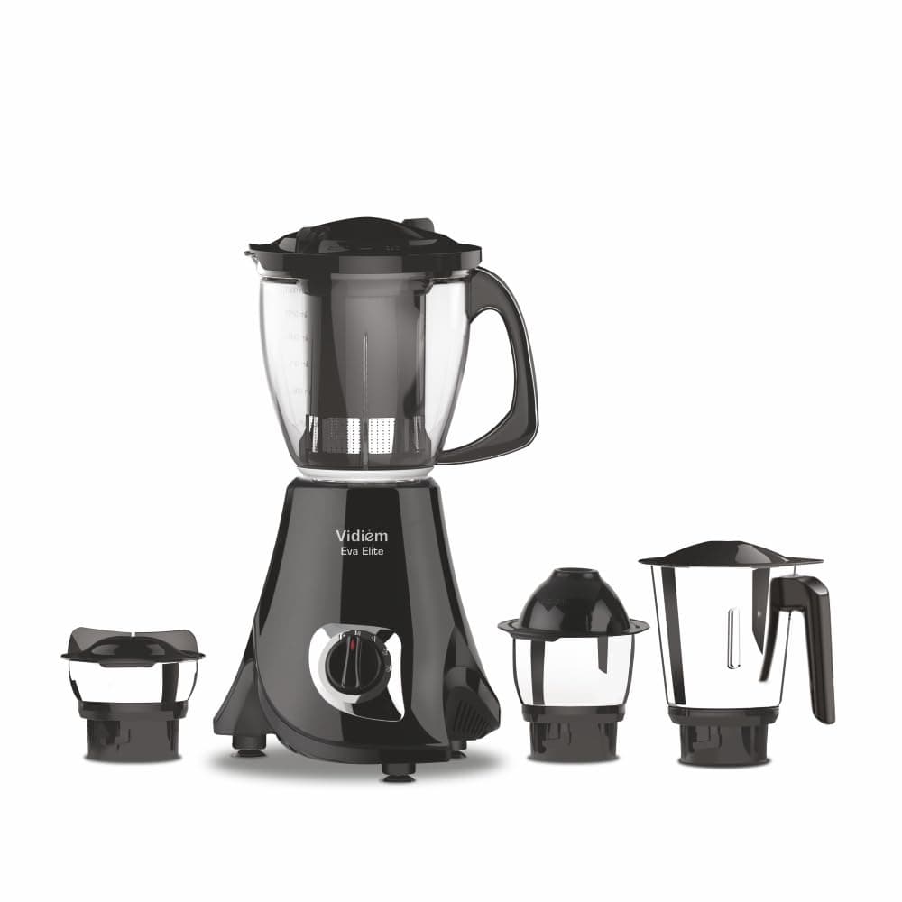 Vidiem Eva Elite Mixer Grinder 710 A, 750W with 4 Jars (1 Juicer + 3 Leakproof Jars) | Self-Locking Jars | ARIA Cool Tec Motor | Dynamically Balanced Blades | 5-Year Motor Warranty | Black