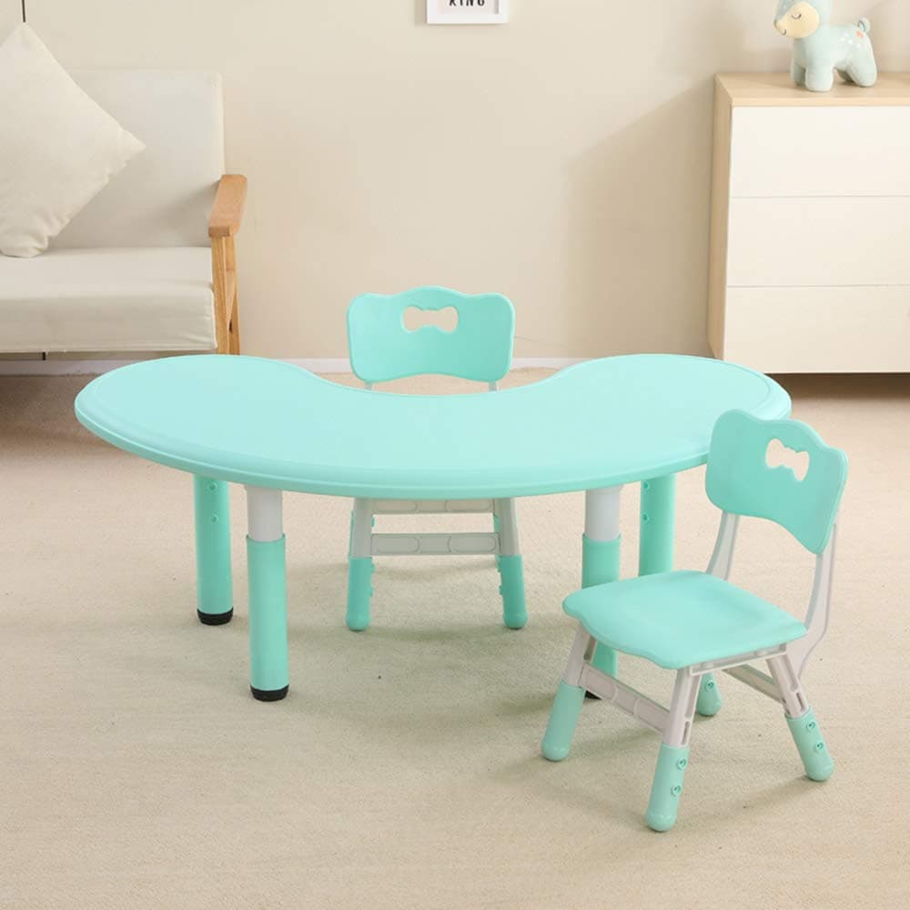 GYiYi Kids Table And Chairs, Children's Lift Table & Chair, Moon-shaped Dining Table, Height-adjustable Desk/study Table, 120x65cm Large Table, Blue/Pink