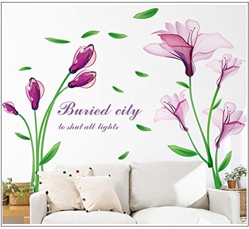 LiveGallery Beautiful Lovely Lily Flowers Wall Decals Removable DIY Butterfly Flower Vines Art Decor Wall Stickers Murals for Living Room TV Background Kids Gilrs Rooms Bedroom