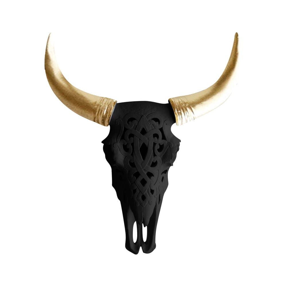 Wall Charmers Carved Black + Gold Faux Steer Skull - 19" Faux Taxidermy Animal Head Wall Decor - Handmade Farmhouse Decor