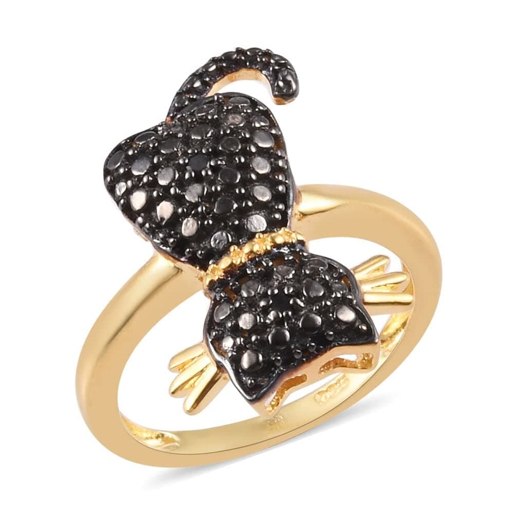 TJC 925 Sterling Silver Black Diamond Cat Ring for Women and Girl Gift for Animal Lover in Platinum Plated|Yellow Gold Plated April Birthstone
