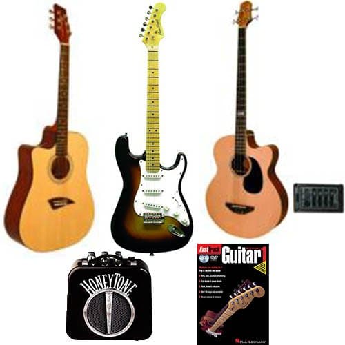 Acoustic & Electric Guitars & Bass Beginner Pack - Left Handed Acoustic Dreadnought Cutaway Guitar, Double Cutaway Electric Guitar in Tobacco Sunburst, Bass Guitar w/Spruce Top, Mini Amp & Beginner Book