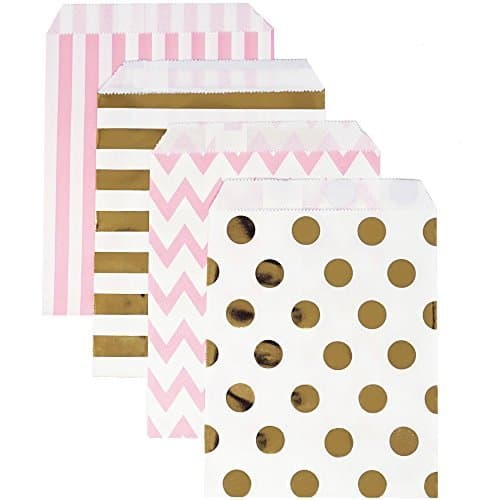 Food Safe Biodegradable Paper Candy Favor & Treat Bags for All Parties - 48 Count Assorted, 7x5 Size (Pink, Gold Foil)
