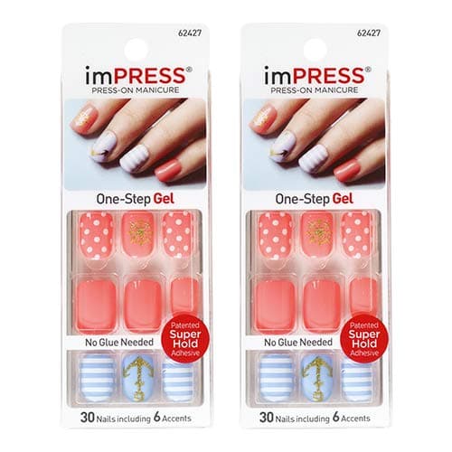 2 PACK!! KISS ImPress Press on Manicure One Step Gel 30 nails (Pink N Blue)