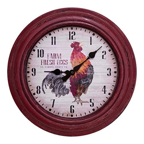 La Crosse 404-3630 12-inch Round Distressed Red Rooster Analog Wall Clock