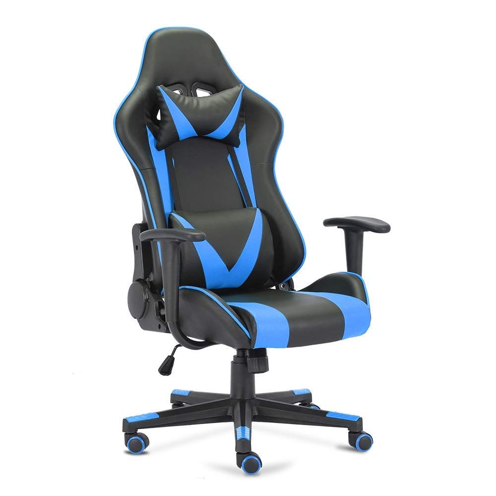 OGEFER Gaming Chair PC Computer Chair Racing Style Ergonomic with Massage Headrest Pillow Lumbar Support Armrest Home Office Swivel Chair Rocking Function 180 Degree Reclining Black Blue
