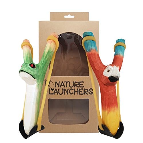 NatureLaunchers - 2 Pack - Parrot and Tree Frog - Hand-Carved Wooden Slingshot