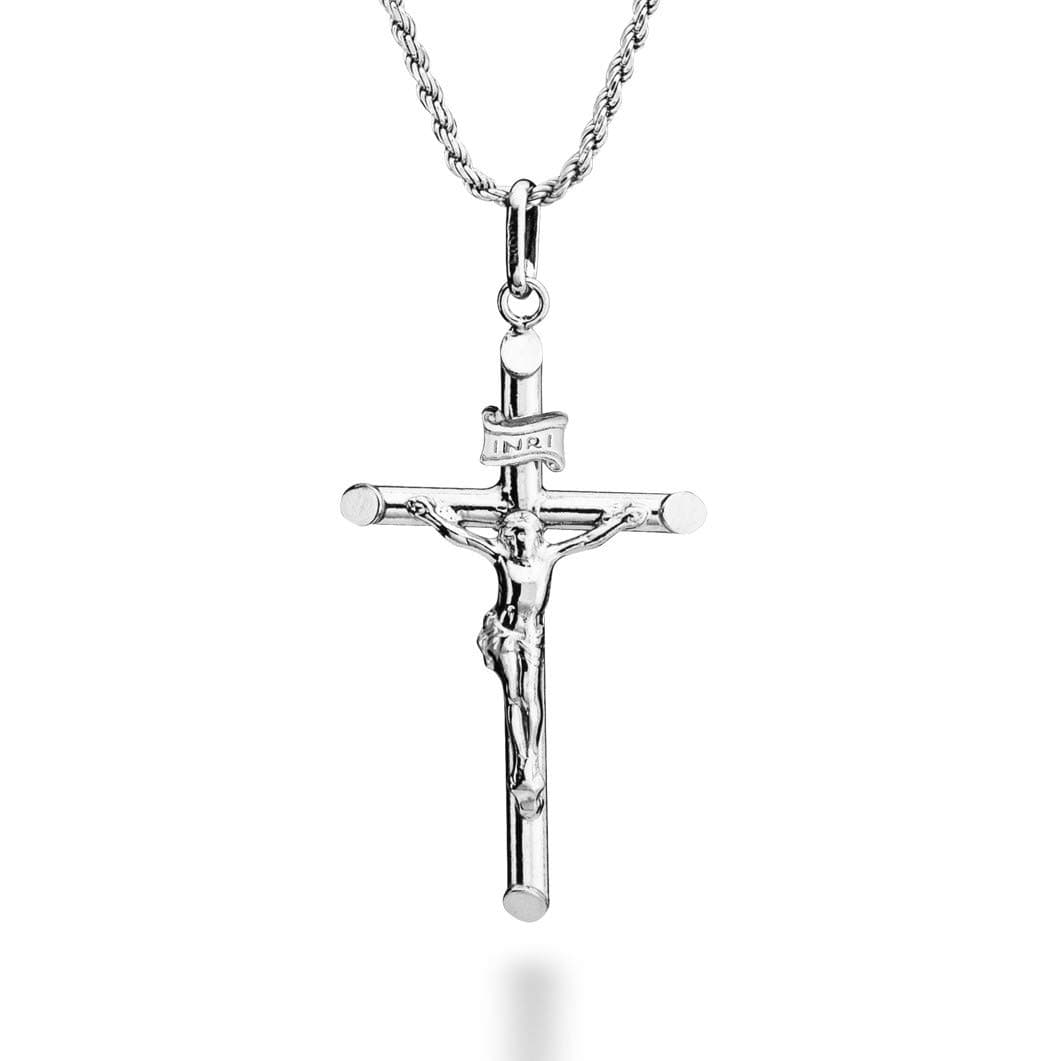 Rhodium Plated 925 Sterling Silver Small or Large Crucifix Necklace for Men Women, Cross Pendant with Rope Chain, Made in Italy