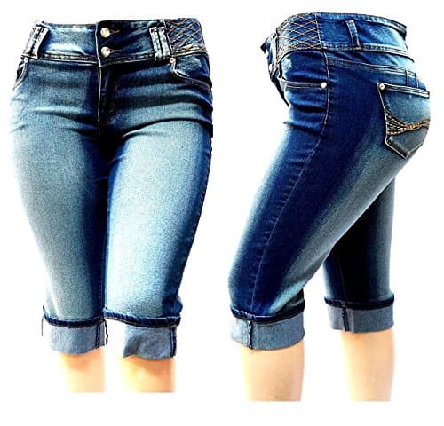 Womens Plus Size Dark Blue Capri Acid Wash Denim Jeans Stretch Hi Waist