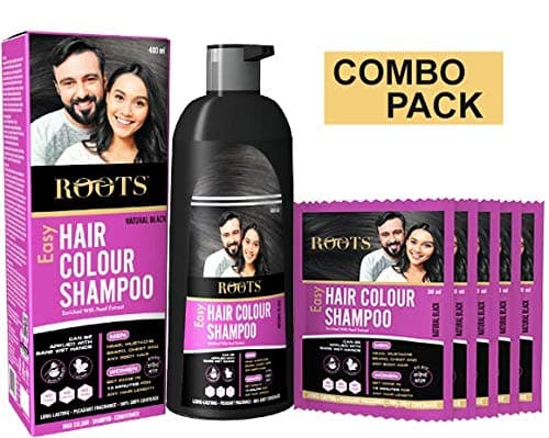 Roots Easy Hair Colour Shampoo (400 ml Bottle + 5 Travel Sachets)