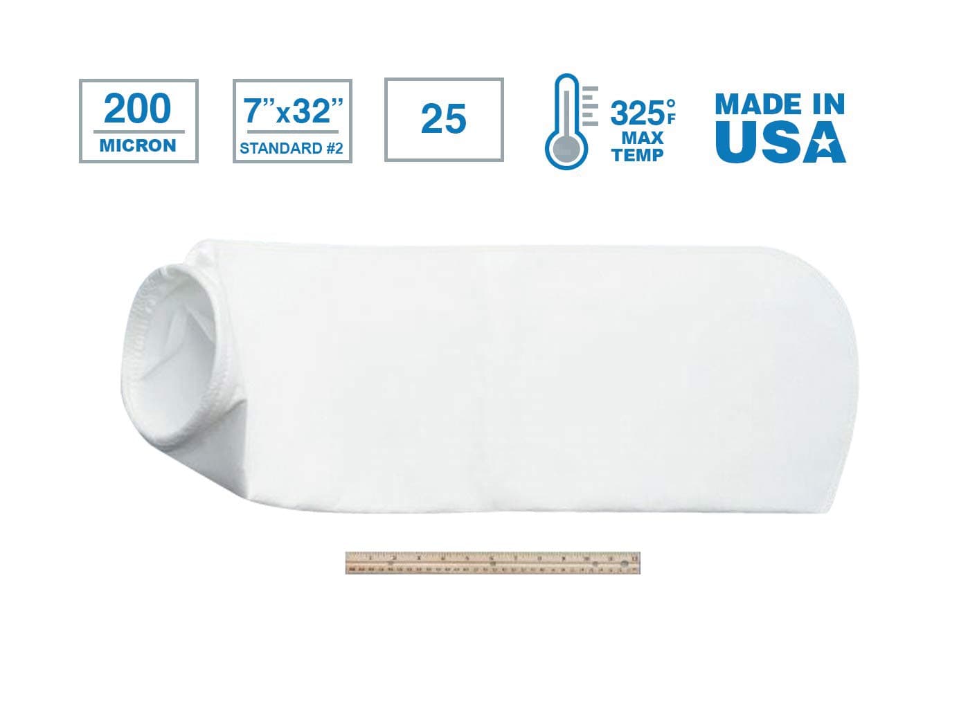 Midwest Filter PENG200P2S-25, Polyester Felt Liquid Filter Bag, 200 Micron, Steel Ring, Size 2 PK/25