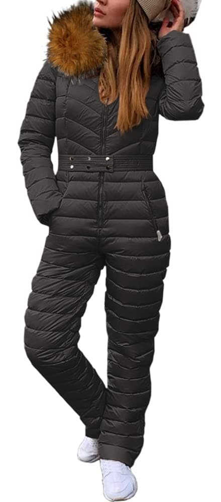 Cicy BellWomens One Piece Ski Suits Winter Outdoor Sports Jumpsuit Fur Collar Coat Windproof Waterproof Hooded Snowsuit