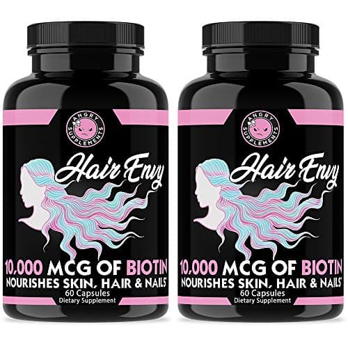 Angry Supplements Hair Envy 10,000 mcg of Biotin and Keratin, Grow + Hydrate Hair, Strengthen Thicken Nails, Clear & Nourish Skin – Natural Remedy for Damaged and Thinning Hair, (2-Bottles)