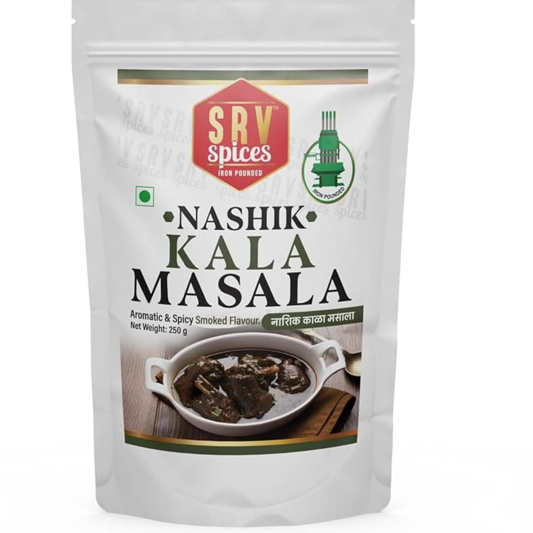 SRV Spices (Iron Pounded) Nashik Kala Masala 250gm | Smokey & Spicy Flavour, 20 Hand Picked Ingredients | organic & Natural | Ideal for Black Gravy, Curries, Chicken,Mutton