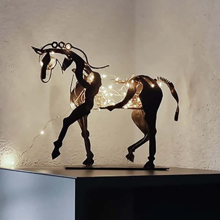 Metal Horse Sculpture, Adonis LED Modern Horse Handicraft Statue Figurine, Hollow tabletop decorative metal ornaments, Rusty Standing Horse Statue
