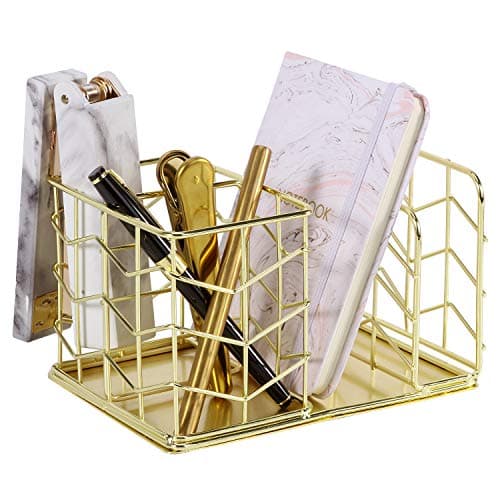 Nugorise Desk Supplies Organizer, 4 Compartments - 2 Slot Pen Holder and Letter Sorter, Multifunctional Wire Stationery Storage Caddy, Rose Gold