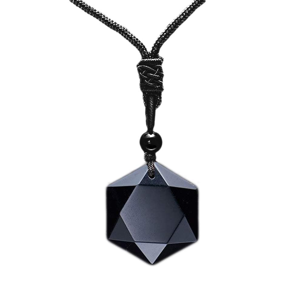 Black Obsidian Hexagram Natural Stone Necklace Translucent Ice Obsidian Wolf Tooth Amulet His and Hers Couples Necklace Lucky Love Pendant Necklace for Men Women