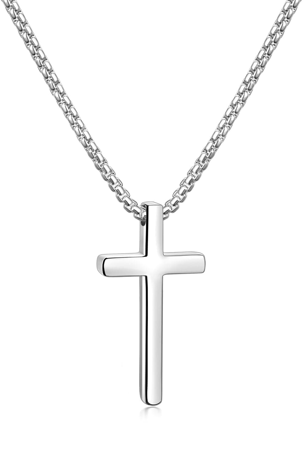 Fiusem Easter Basket Stuffers - Cross Necklace for Men, Silver/Gold/Black Mens Cross Necklaces with 2.5mm Cross Chain and Stainless Steel Cross Pendant, Box Chain 16-24 Inch, Jewelry Gift