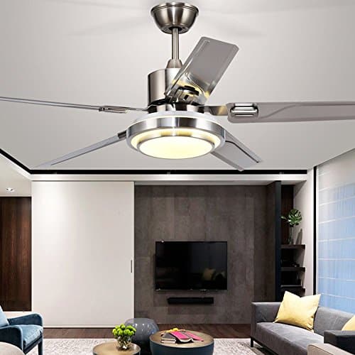 Modern LED Ceiling Fan 5 Stainless Steel Blades and Remote Control 3-Light Changes Indoor Quiet Energy Saving Fan Chandelier for Home Decoration 48-In