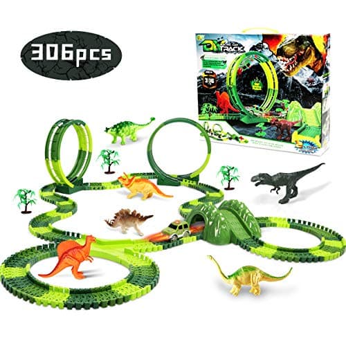 Lydaz Dinosaur Race Car Track Toy Mega Set 306 Pcs, Dual Loops 6 Dinosaurs Figures Flexible Train Track for Kids Boys Girls 3 4 5 6 Years Old and Up
