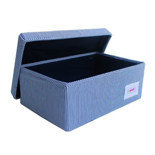 Minene Small Foldable Fabric Storage Box L32xW21xH12cmLinen Cosmetic Stationery Organiser with Stripes(Blue)