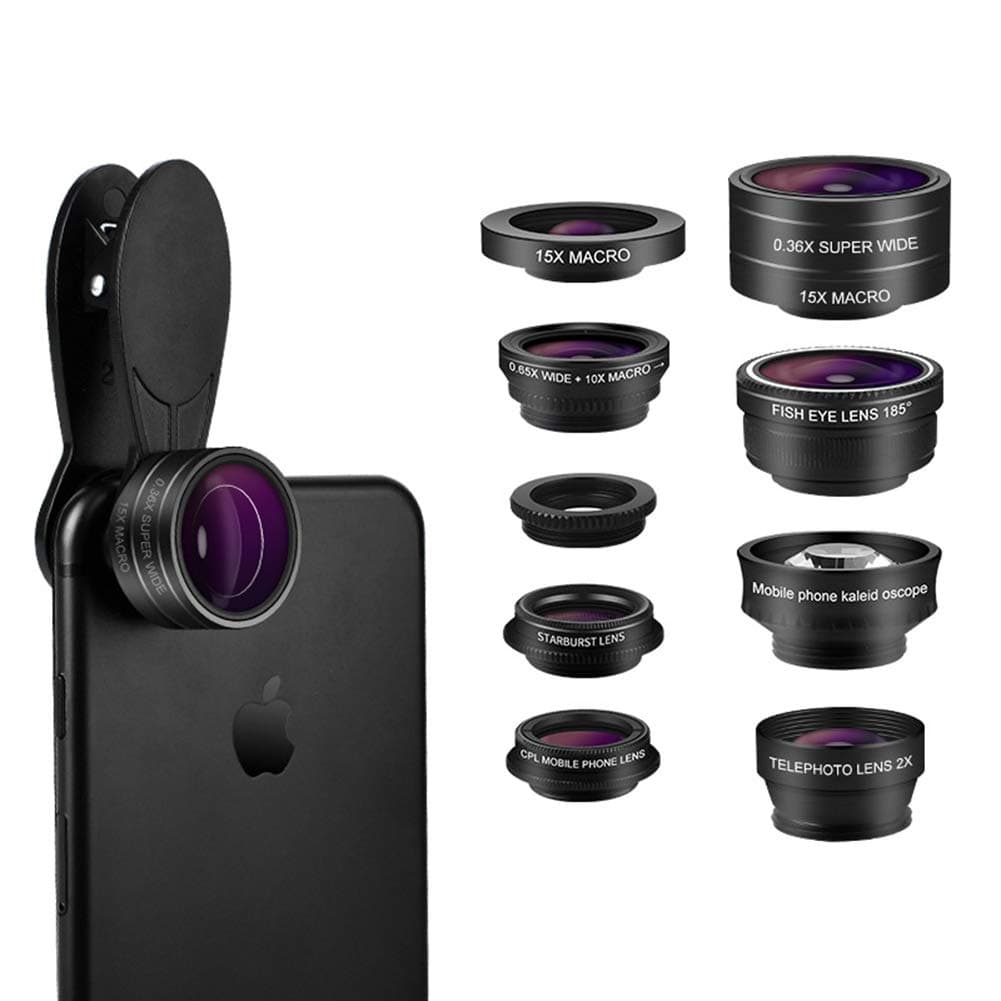 0.36X Wide Angle Lens+15X Macro Lens+180° Fisheye Lens+2X Zoom Lens+CPL Lens+Kaleidoscope Lens+Starburst Lens+0.65X Wide Angle Len+10X Macro Lens, 9-in-1 Phone Camera Lens Kit