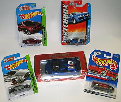 Hot Wheels Mini Collection of 5 Exotic Cars: Matchbox Audi R8, Lambourghini Diablo + Tesla S + Bentley Continental GT 1:64 Scale Collectible Die Cast Car Models & Bugatti Veyron 1:36 Scale