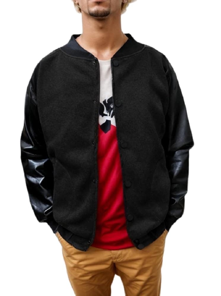 KalanmanMens Fashion Splicing Leather Sleeve Letterman Jacket Varsity Baseball Bomber Jacket