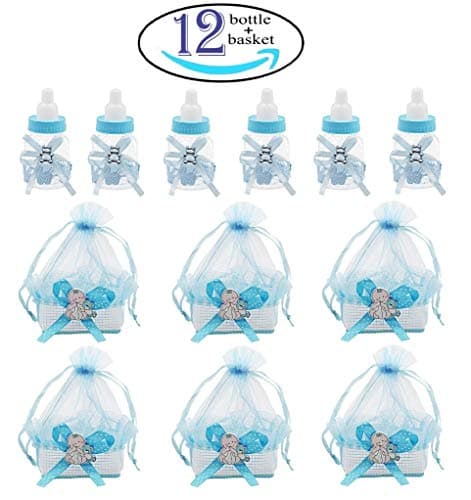Noex Direct 12pcs Candy Bottle and 12pcs Organza Baby Shower Basket Sheer Gift Bag Baby Shower Supplies for Baby Parties Birthday (Blue)