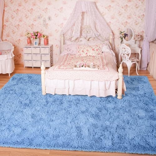 Keeko Fluffy Blue Area Rugs for Bedroom Kids Room, 6x9 Cute Shag Fuzzy Baby Rugs Living Room Soft Furry Large Bedroom Carpet Indoor Bedside Rug for Teen Boys Girls Nursery Dorm Decor