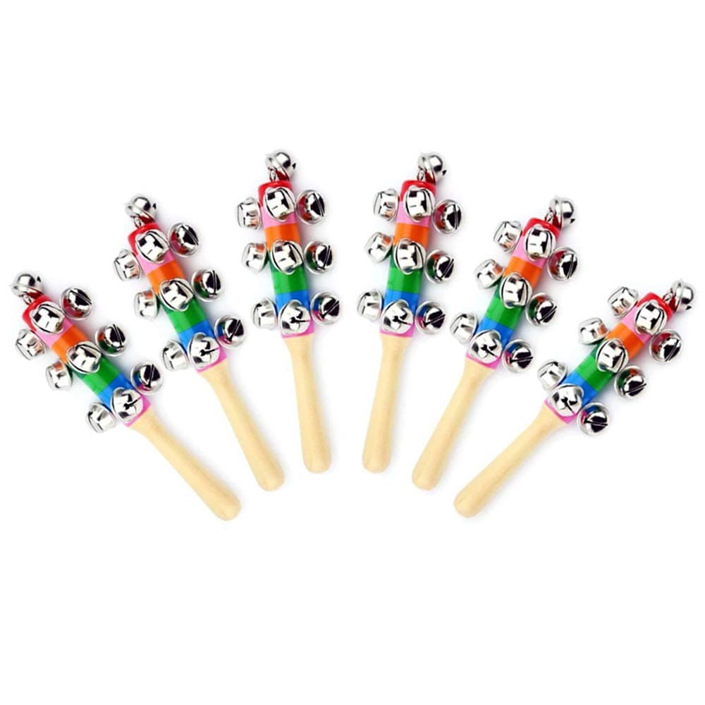 6Pcs Wooden Jingle Hand Bells,Rainbow Handle Wooden Bells Jingle Stick Shaker Rattle Baby Kids Children Musical Toys