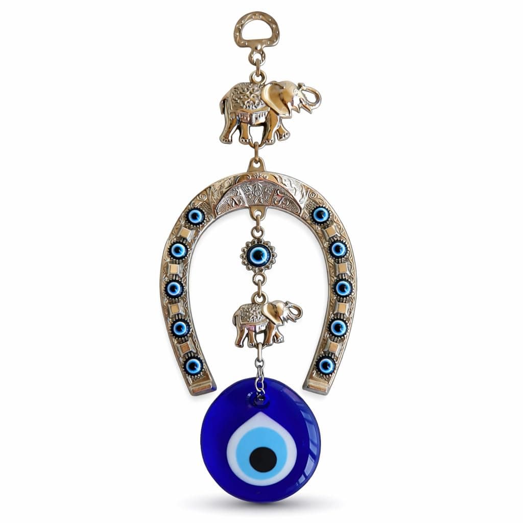 Turkish Silver Horse Shoe Blue Evil Eye Wall Hanging Ornament with Elephant - Turkish Nazar Bead Amulet – Home Protection and Good Luck Charm Gift in a Box