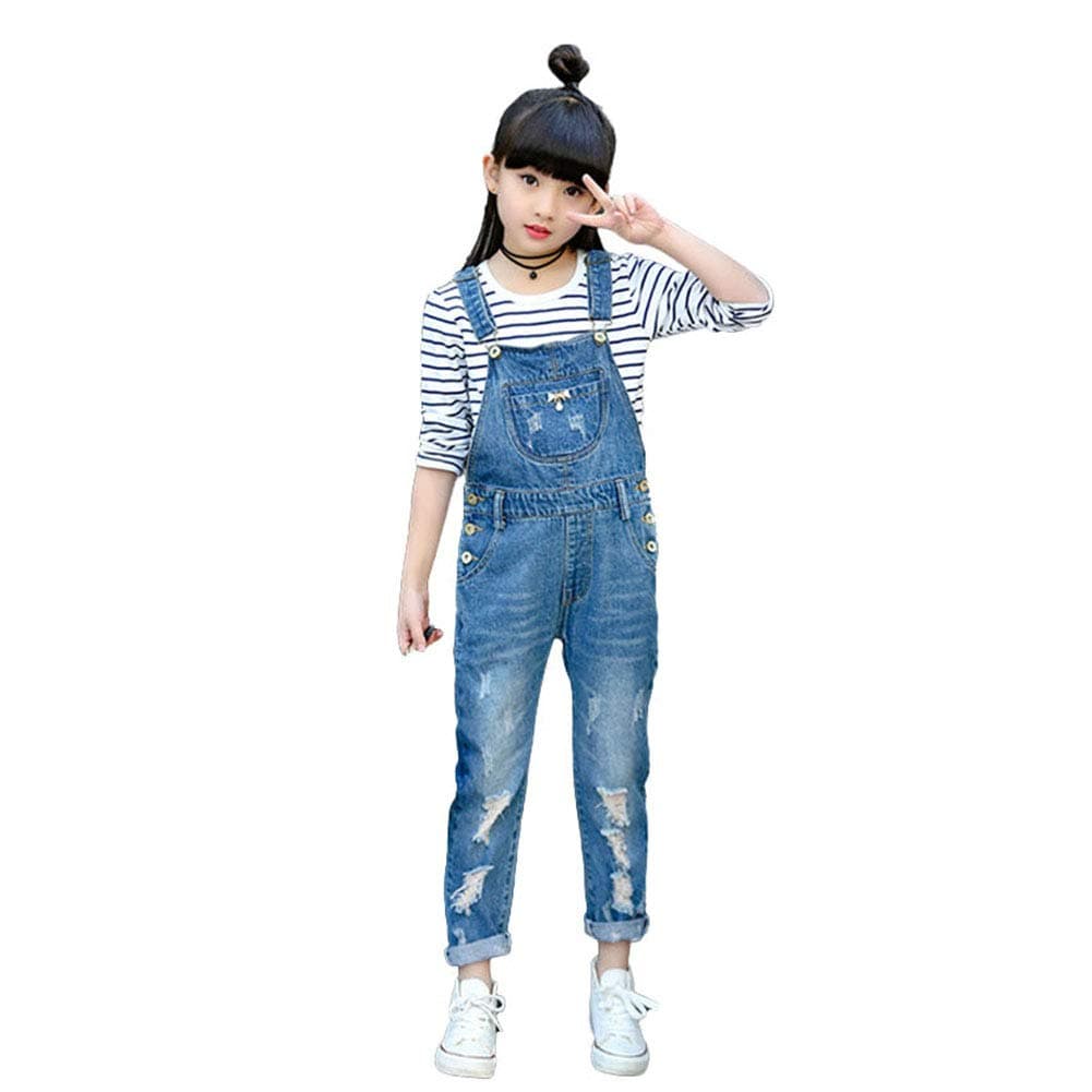 Digirlsor Girls Overalls Little Big Kids Distressed Denim Bib Pants Ripped Blue Jeans Romper Jumpsuit, 3-12Y