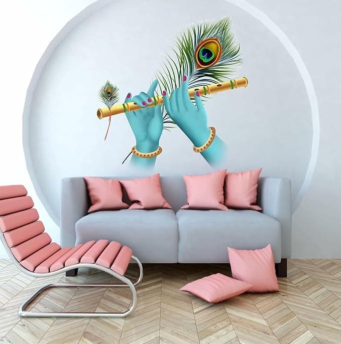 KGN DESIGNS Vinyl Krishna Flute And Hand Wall Sticker Pekok Punk Lord Mural For Living Room, Bedroom, Nursery, Children's Home Decor, Self-Adhesive, Wall, 170 Cm, 4 Cms