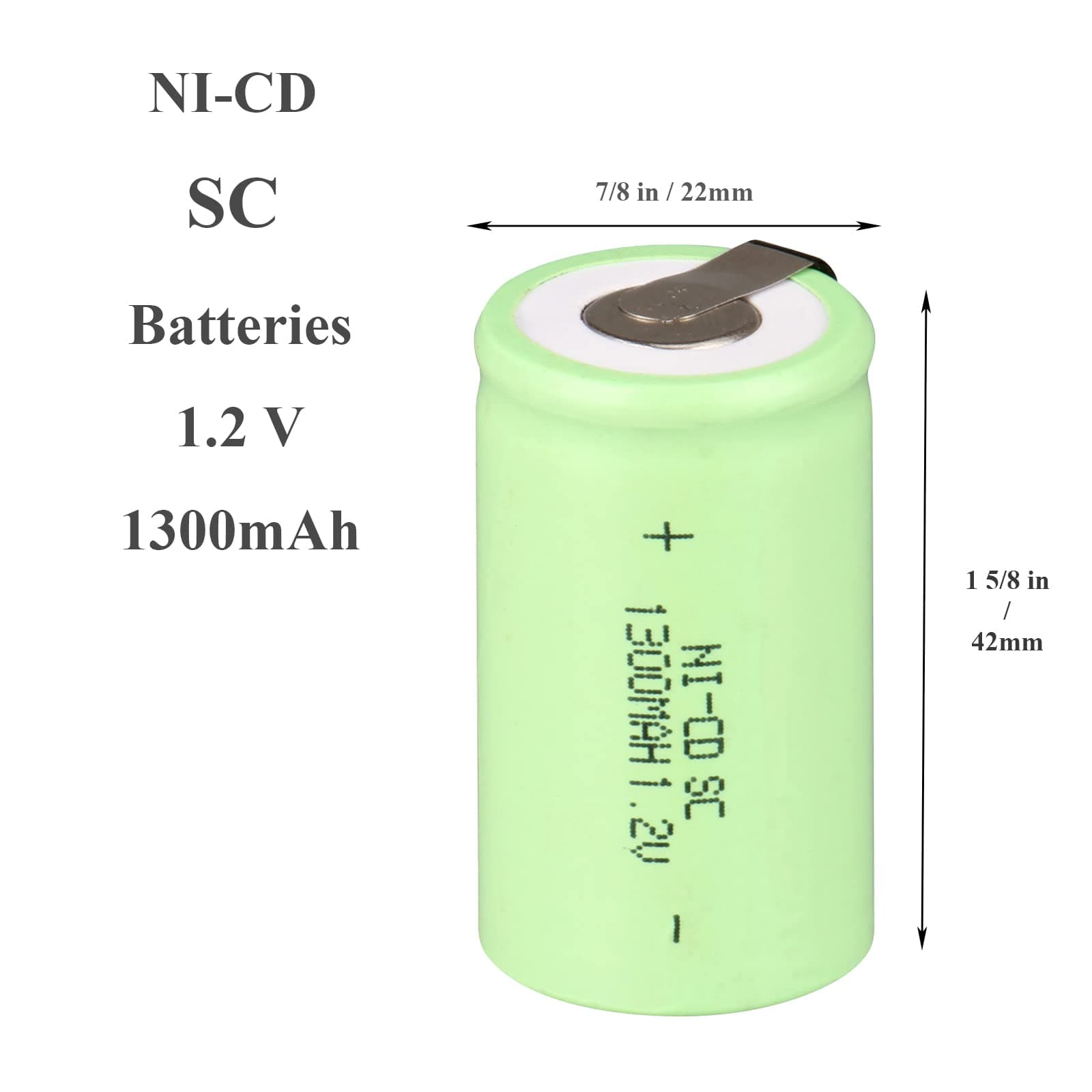 6-Pack Rechargeable Ni-Cd Sub C SC 1300mAh High-Capacity Batteries with Tabs for Electronic Devices UK, Battery Pack