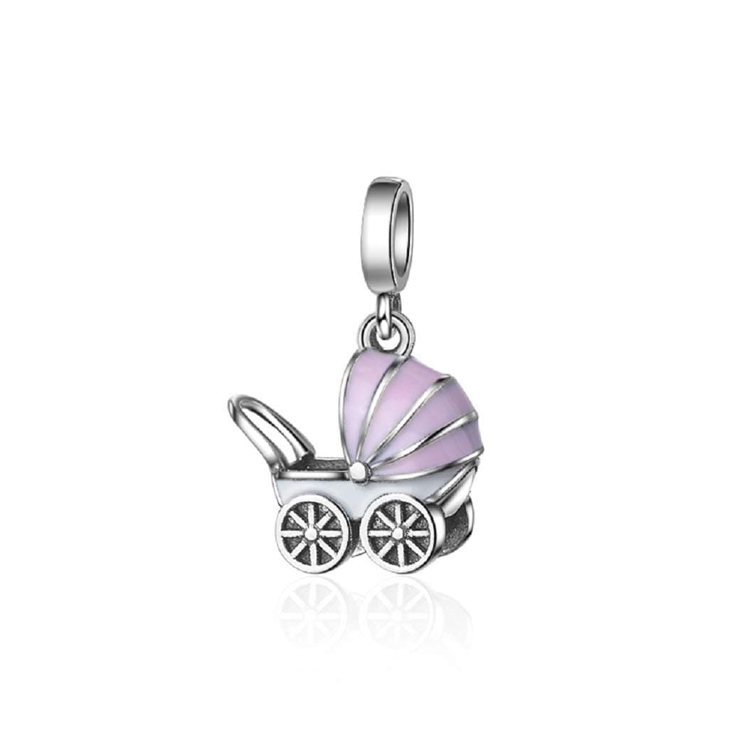 FeatherWishNew Baby Stroller Pink Enamel Pram Its A Girl 925 Sterling Silver Pendant Dangle Bead Charm Compatible With Pandora Bracelet Or Necklace