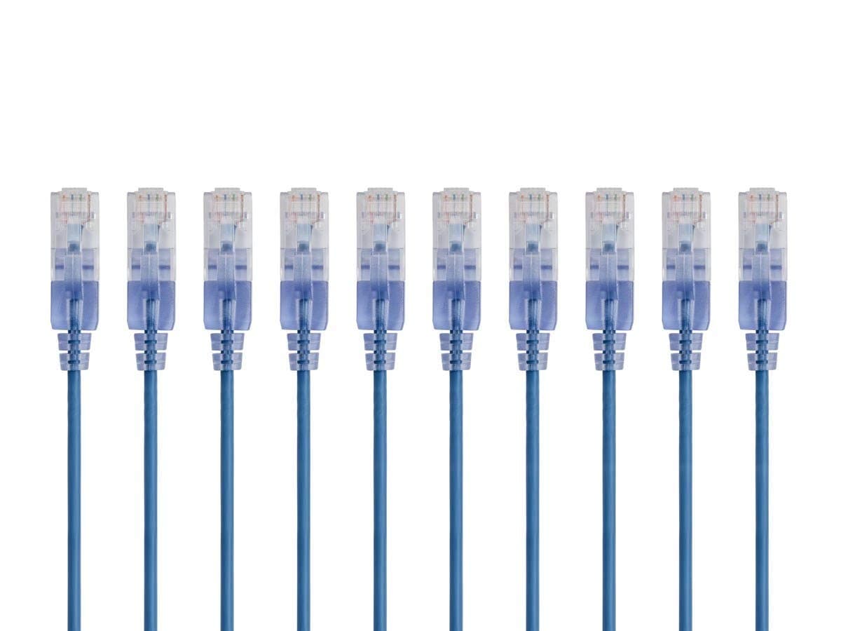 Monoprice Cat6A Ethernet Patch Cable - 10-Pack, Snagless RJ45, 550Mhz, 10G, UTP, Pure Bare Copper Wire, 30AWG, 15 cm, Blue - SlimRun Series