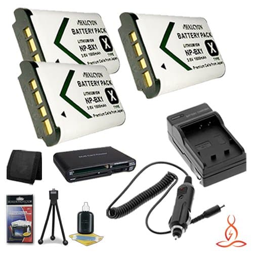Three Halcyon 1800 mAH Lithium Ion Replacement NP-BX1 Batteries and Charger Kit + Memory Card Wallet + Multi Card USB Reader + Deluxe Starter Kit for Sony CyberShot DSC-RX100, CyberShot DSC-RX1, Cybershot DSC-RX100M1, Cybershot DSC-RX1R, CyberShot DSC-WX300, CyberShot DSC-HX300, CyberShot DSC-HX50V Digital Cameras and Sony HDR-AS10, Sony HDR-AS15, Sony HDR-AS30 Action Camcorders and Sony HDR-MV1 Music Camcorder and Sony NP-BX1