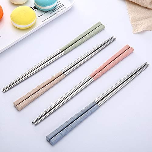Choary 4 Pairs of Wheat Straw handle stainless steel Chopsticks Set,Environmental Reusable Heat Resistant Traditional Chinese Chopstick