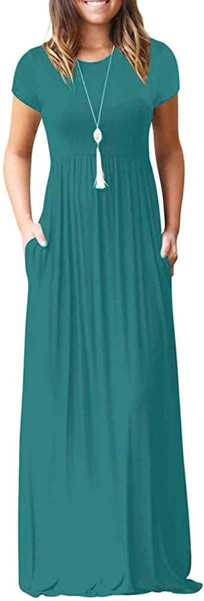 DEARCASE Maxi Dress for Women Short Sleeve Casual Summer Loose Plain Comfy Long Dresses with Pockets