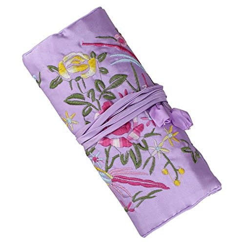 SuoSuo Jewelry Roll,Light Purple Travel Jewelry Roll Bag,Silk Embroidery Brocade Jewelry Organizer Case with Tie Close
