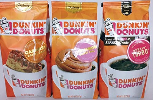 Dunkin Donuts Coffee, Caramel Coffee Cake, Cinnamon Roll, Dunkin Turbo, Ground Variety Pack 3 11 oz Bags