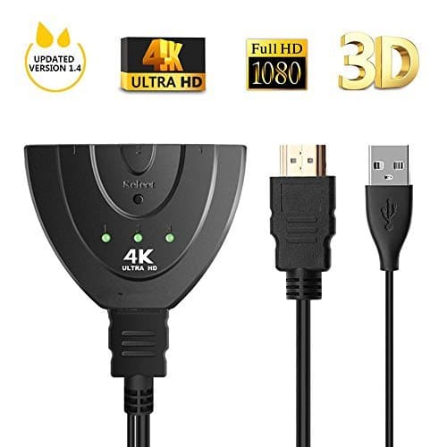 4K 1x3 HDMI Splitter With USB Charger Cable, KINSONGS HDMI Switcher Supports 2.0 60Hz HDCP 3D 1080P HD Video Audio for Blu-Ray/Chromebase/ROKU/Fire TV Stick/HD-DVD/Xbox 360 (3-IN 1-Out)
