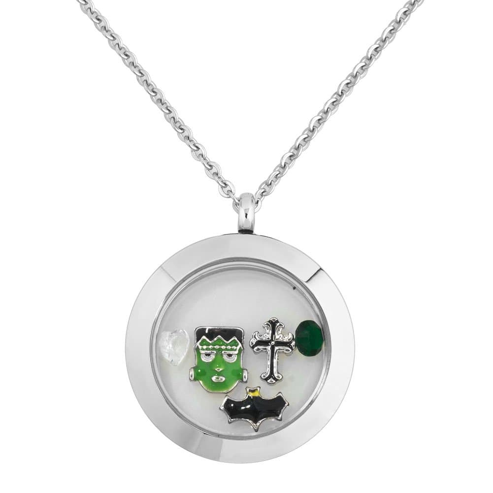 Happy Halloween Skull Cross Bat Floating Charms in Living Memory Glass Locket Necklaces