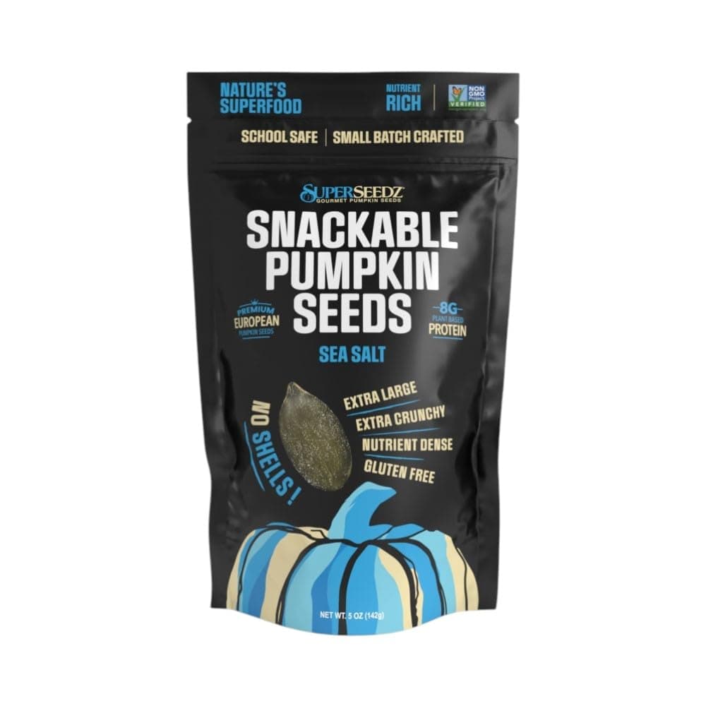 SuperSeedz Dry Roasted Pumpkin Seeds with Sea Salt – 8g Protein, Non-GMO Gluten-Free, Keto Snacks – Nut Free & School Friendly Organic Pumpkin Seeds – 5oz Bag Large European No Shell Pepitas