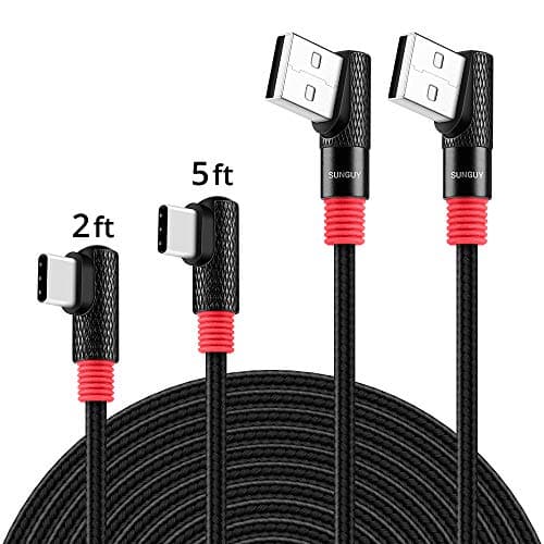 SUNGUY USB C Cable Right Angle, (2-Pack,2ft/5ft) Nylon Braided 90 Degree Max 5V/2.4A 12W USB-C Charging & Data Sync Cable for Samsung Galaxy S9 S8 Plus,Google Pixel 2XL,OnePlus 5T and More