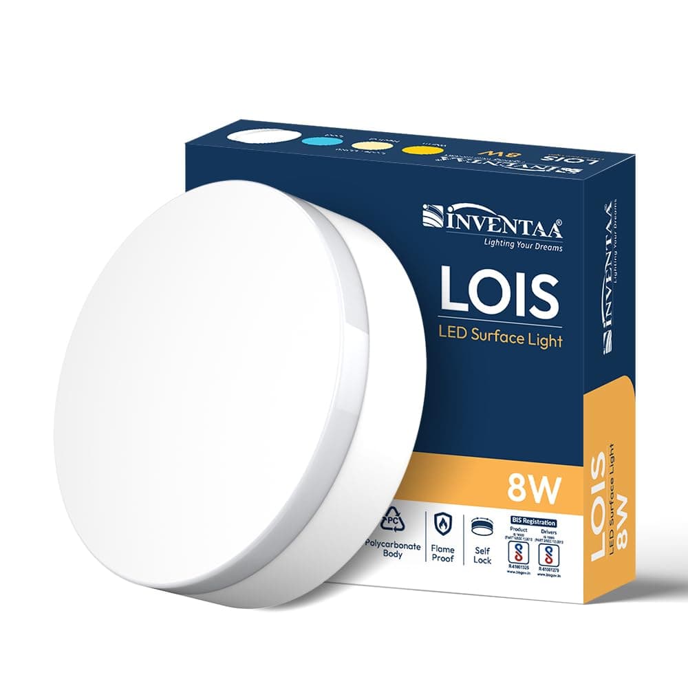 INVENTAA Lois LED Surface Light for Living Room | Surface Mounted Ceiling Light for Indoor use - Balcony, Bathroom, Corridors & Parking Area (Surface Light, Warm White, Round, 1, 8W, LOIS)
