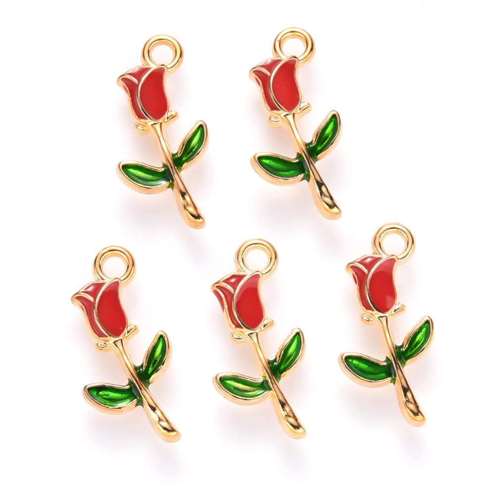 KitBeads100pcs Enamel Red Rose Charms Mini Floral Valentine Romantic Flower Charm for Jewelry Making Bracelets Bulk